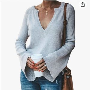 Gray Knit Sweater With Bell Sleeve and Deep V Neck